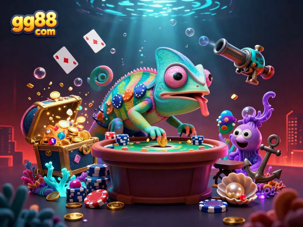 Experience thrilling gameplay at gg88 com with vibrant chameleon casino illustrations showcasing exciting gaming elements.