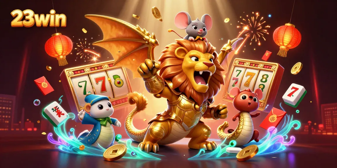 Engage with 23win's exciting casino scene featuring a chimera creature and slot games elements