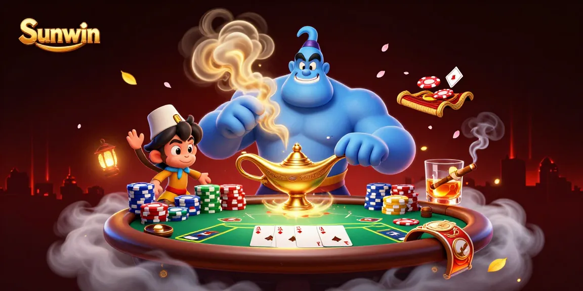 Engage with Sunwin's world of excitement as a genie and monkey play poker amidst vibrant casino elements.