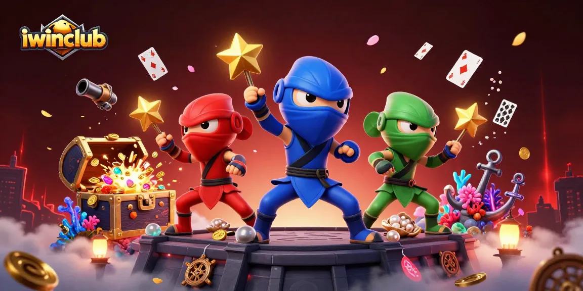 Iwinclub showcases a dynamic trio of ninja chameleons performing martial arts atop a rooftop, surrounded by colorful gambling elements.