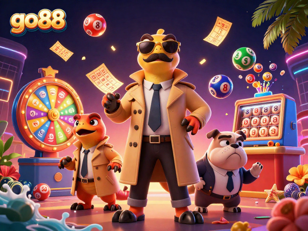 Engage with go 88 as cartoon raptors try to enter a VIP casino, surrounded by lottery elements