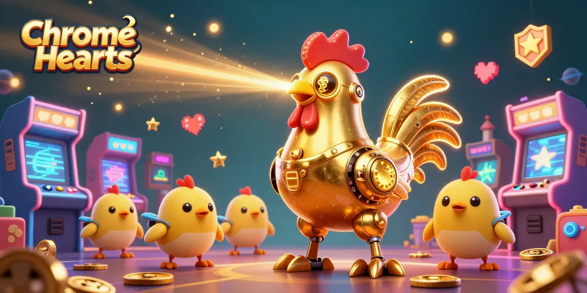 Experience the excitement of Chrome Hearts gameplay with a golden rooster robot and vibrant gaming aesthetics.