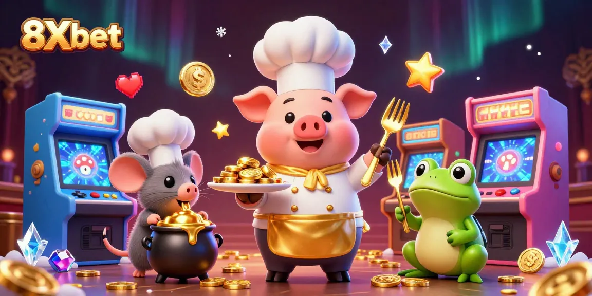 Betting with 8Xbet features a chef pig serving gold coins in a vibrant casino-themed illustration