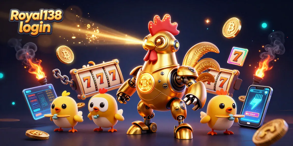 Slot gacor Royal138 login menunjukkan robot ayam emas 3D dalam aksi, dikelilingi koin crypto dan simbol permainan.