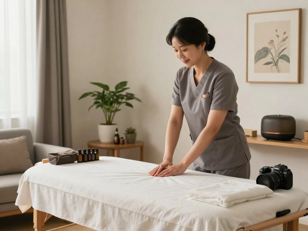 Professional therapist preparing for 주안출장마사지 in a calming home setting with aromatic oils and serene lighting.