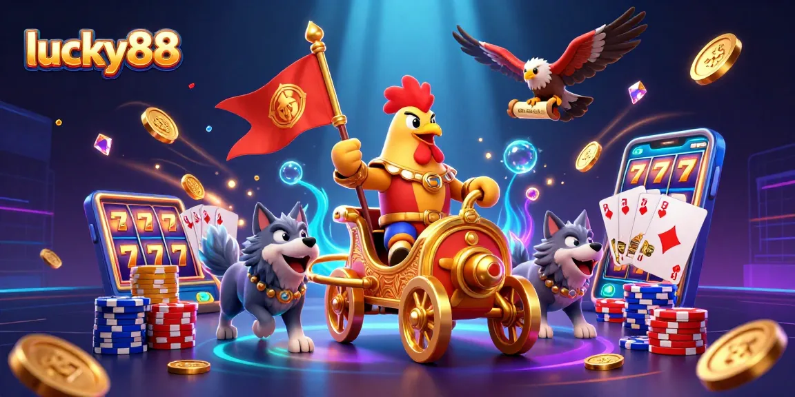 Experience the excitement of lucky88 with a creative scene featuring vibrant casino elements and a heroic warlord.