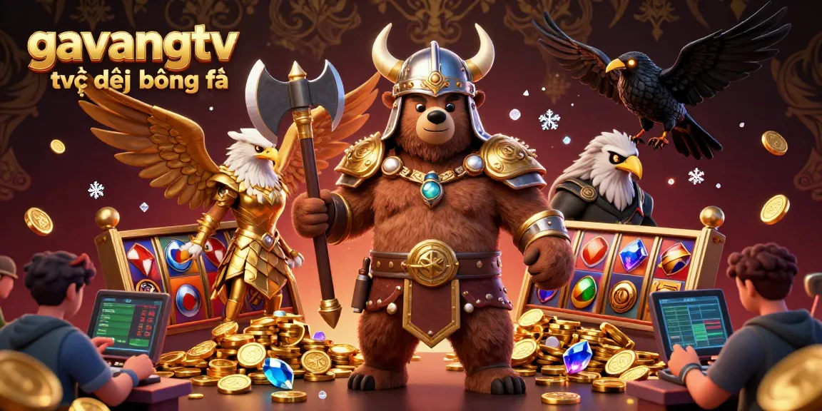 Bet on excitement with gavangtv trực tiếp bóng đá scene showcasing 3D Viking bear and Valkyrie amidst casino treasures.