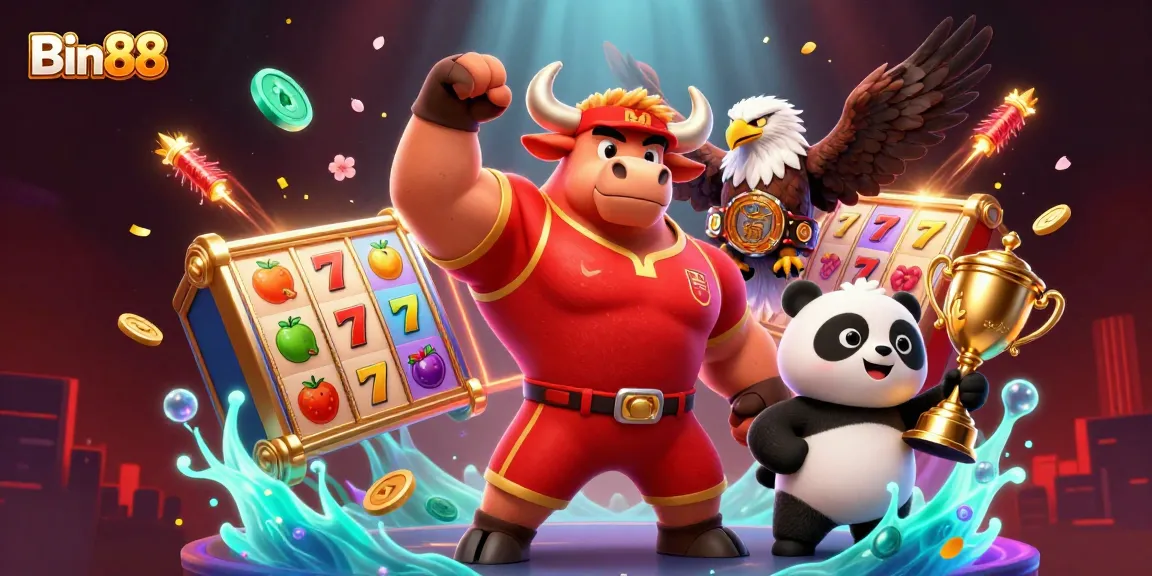 Experience the winning thrill of Bin88 with vibrant casino gameplay and celebratory characters.
