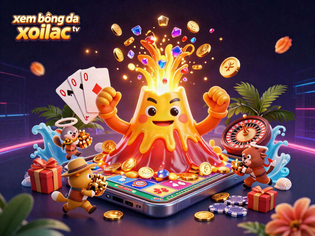 xem bóng đá xoilac tv showcases a 3D golden volcano erupting coins, with treasure-seeking explorer animals, and vibrant casino elements.