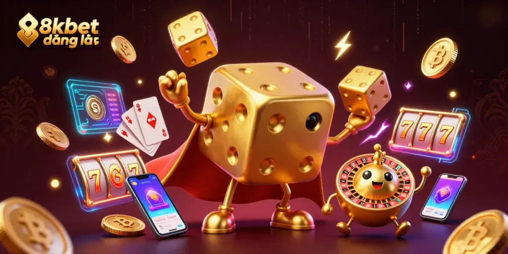 Engage with 8xbet đăng nhập through a vibrant 3D casino scene featuring dynamic characters and gaming elements.