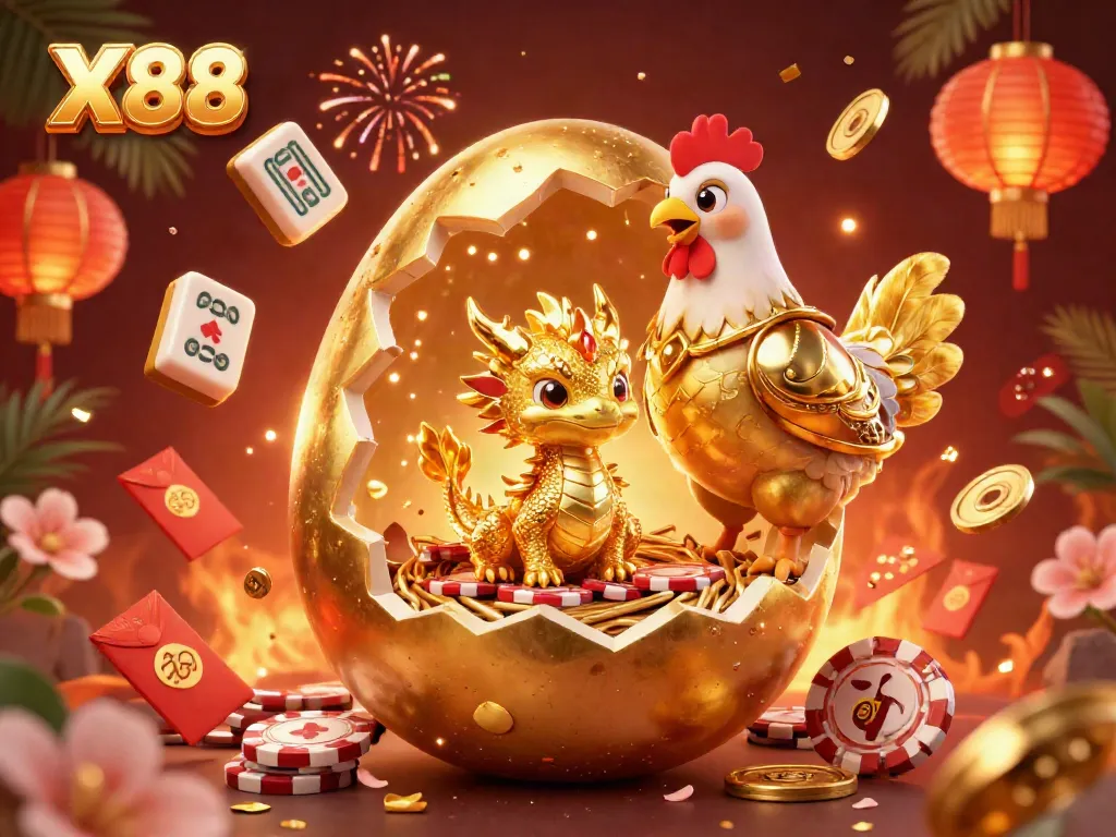 X88 showcases a golden dragon and armor hen surrounded by casino elements, representing vibrant gaming.