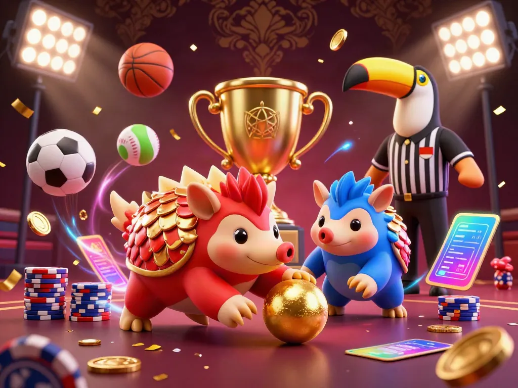 Engage in thrilling gameplay with TN88, where cartoon pangolins compete amid flying sports balls and golden trophies.