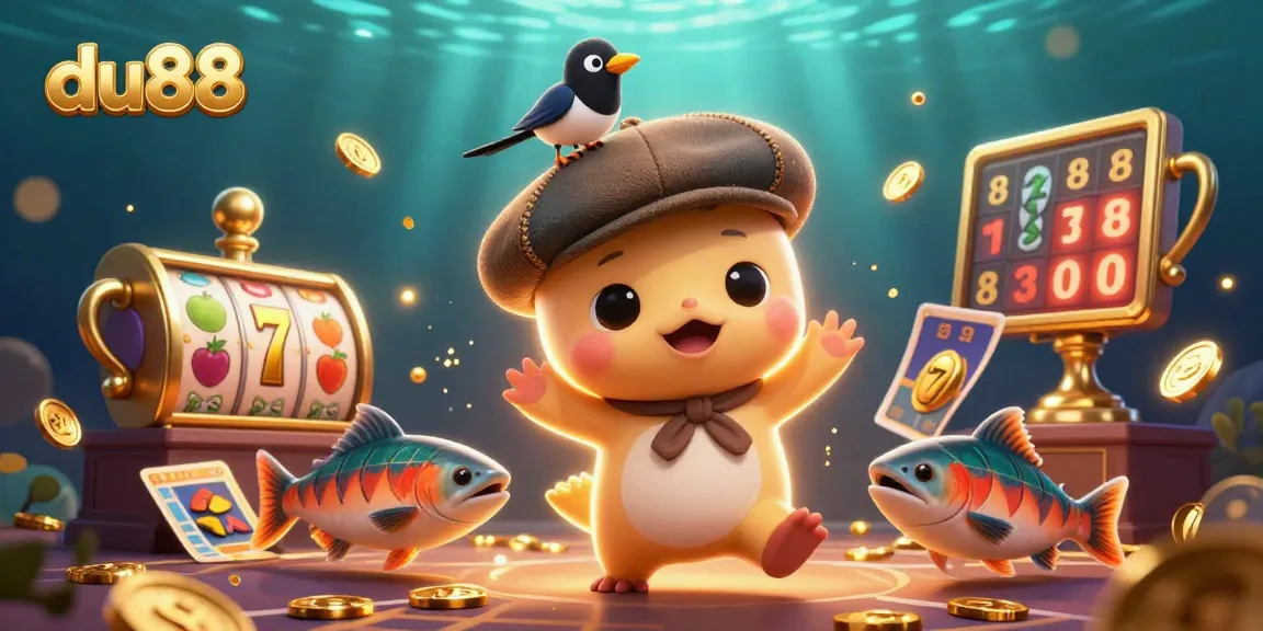 Join the fun at du88 with 3D cartoon baby Nessie and exciting slot reels in this vibrant casino illustration.