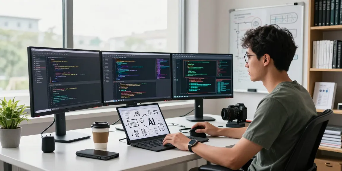 A tech workspace showcasing AI tools 2026 with multiple monitors displaying code and data visualizations, emphasizing innovation and productivity.