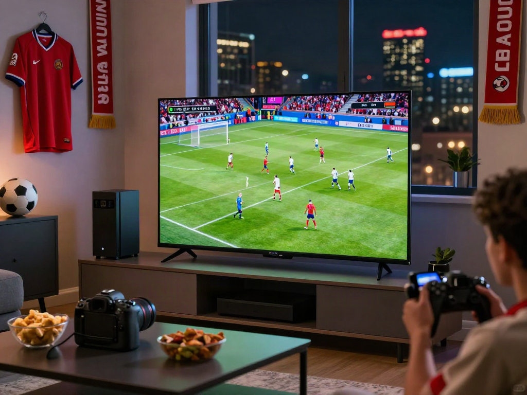 Fan enjoying high-definition Gavangtv football match at home surrounded by memorabilia and snacks.