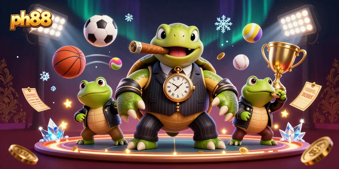 Experience thrilling gameplay at ph88 with a vibrant casino scene featuring a snapping turtle and bullfrog enforcers.