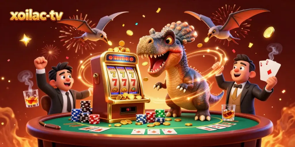 Experience the thrill of xoilac-tv with a dinosaur jackpot, golden coins flying, and vibrant casino elements.