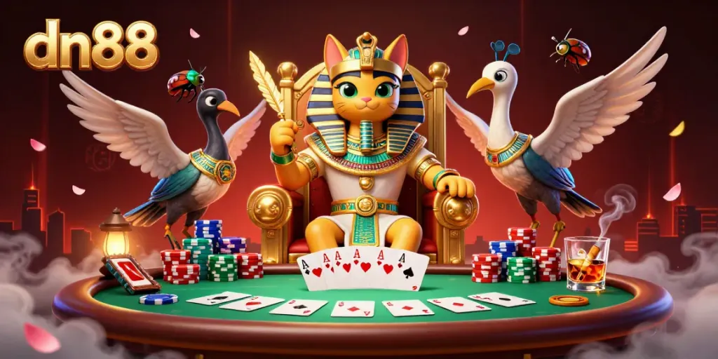 Experience thrilling gameplay at dn88 with an Egyptian pharaoh cat amidst vibrant poker elements.