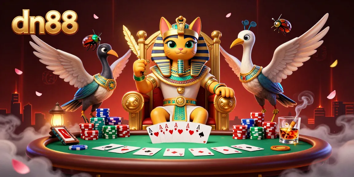 Experience thrilling gameplay at dn88 with an Egyptian pharaoh cat amidst vibrant poker elements.