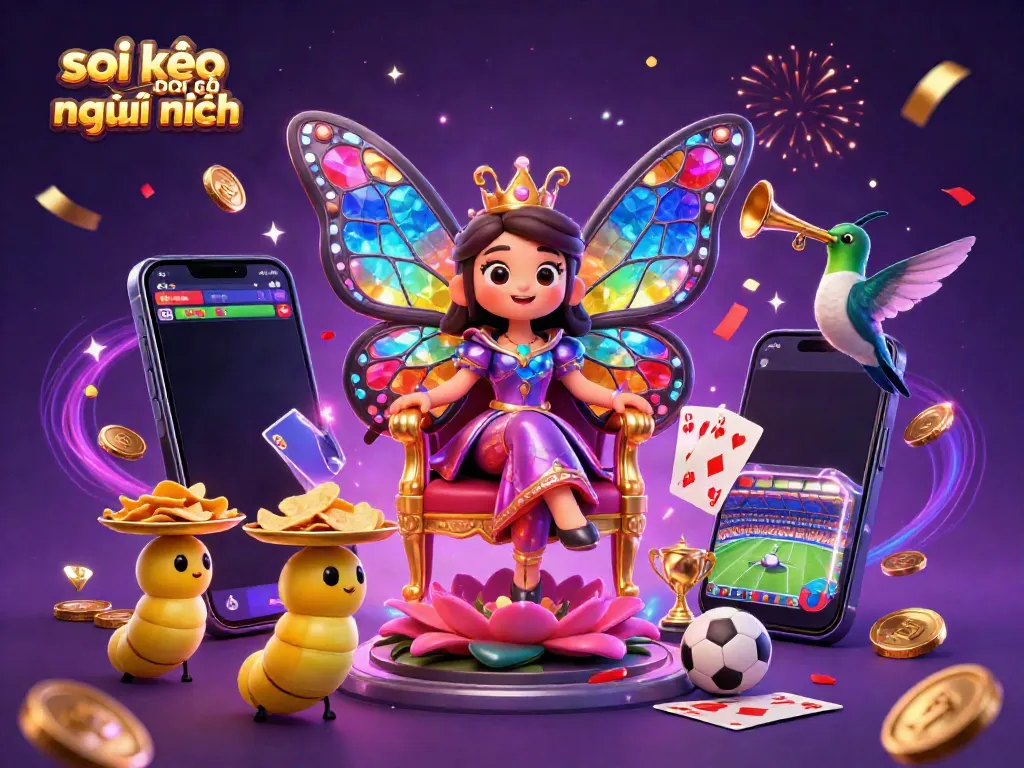Soi kèo bóng đá mới nhất illustration featuring a butterfly queen, sports betting elements, and vibrant colors.