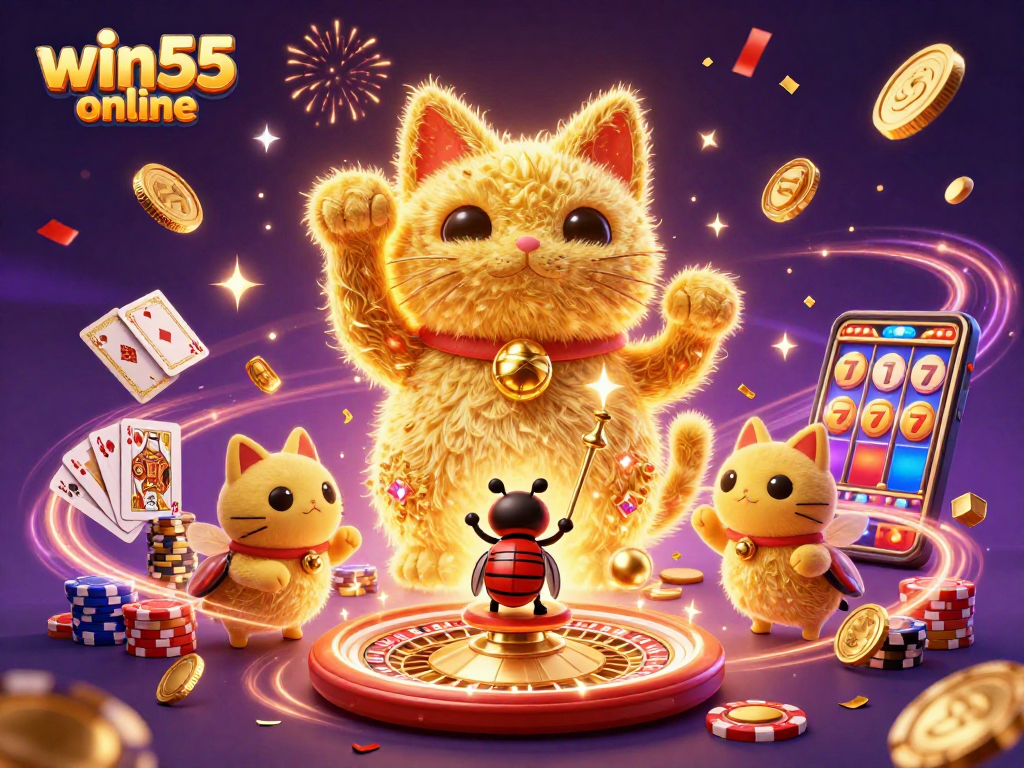 Engaging scene showcasing win55 online with a giant lucky cat made of fireflies amidst casino symbols.