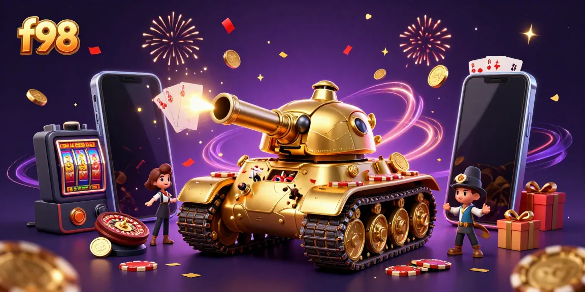 F98 casino tank scene with vibrant game elements, confetti, and energy effects.