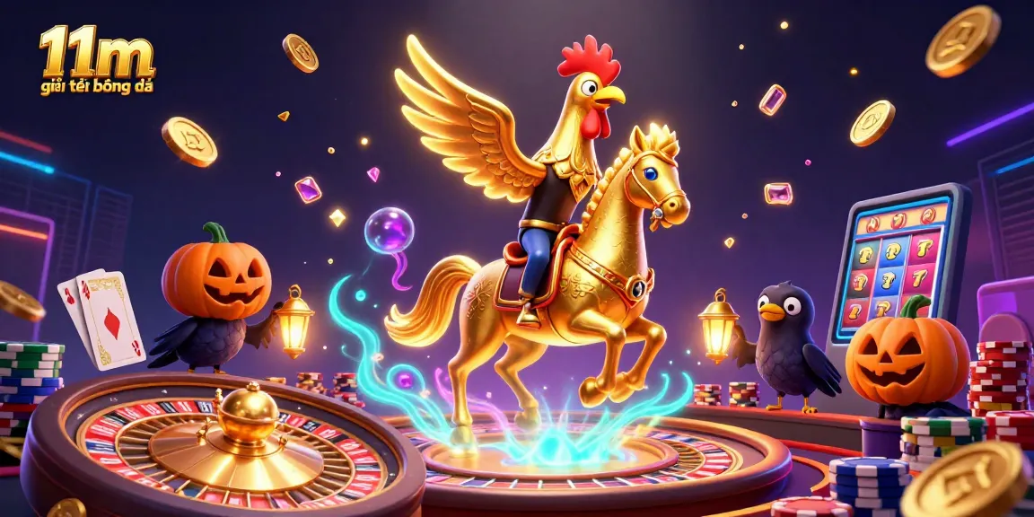 Experience thrilling moments with 11m giải trí bóng đá in this dynamic casino scene featuring golden rooster and gems.