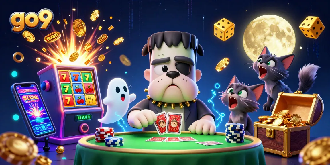 Go9's vibrant 3D cartoon casino scene features a bulldog dealer and a treasure-filled slot machine bursting with excitement.