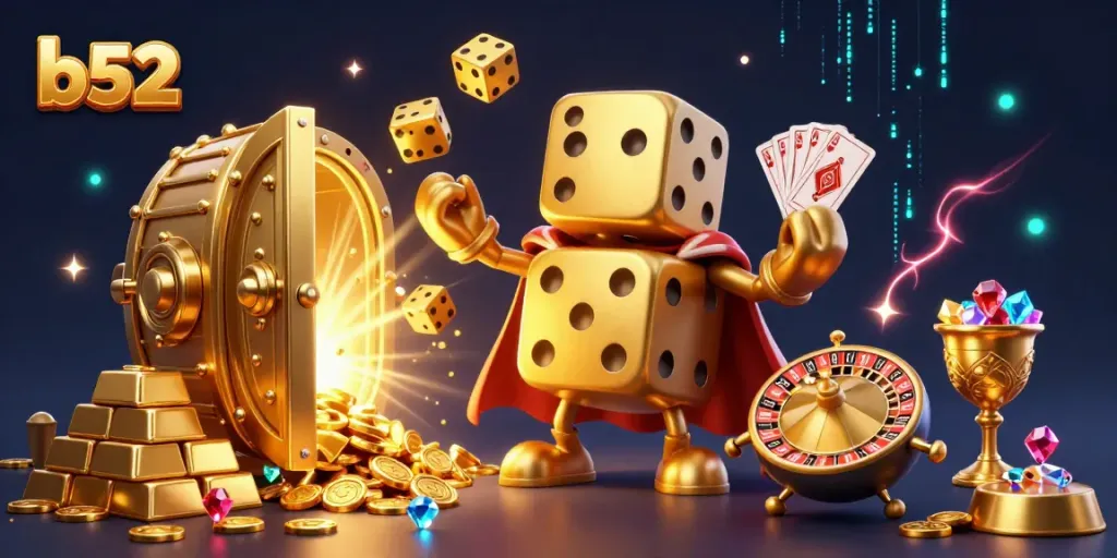 Experience the thrill of gaming with b52's golden dice golem and dazzling treasures in a vibrant casino scene.