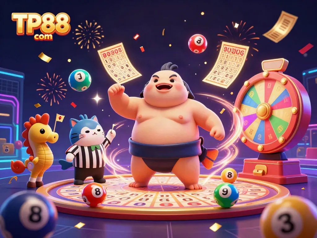 Experience winning excitement at TP88 com with vibrant casino-themed imagery featuring animated lottery elements.