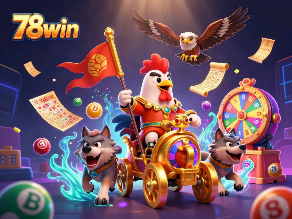 Engage in thrilling lottery action with 78win's vibrant 3D casino scene of a rooster warlord.