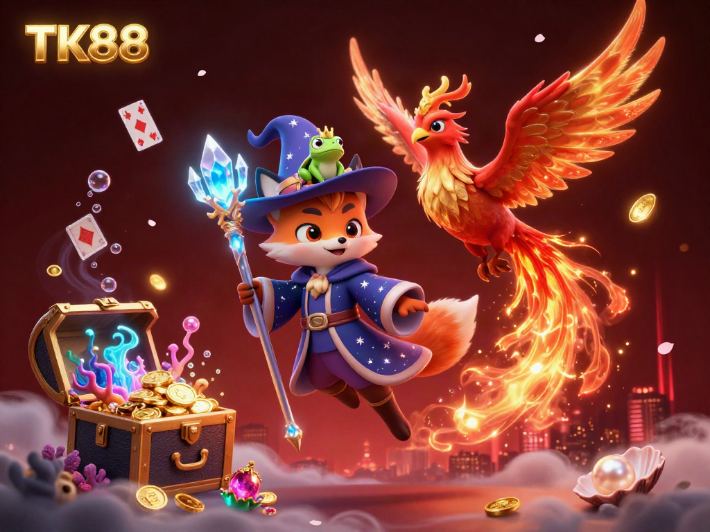 Engage with exciting TK88 gaming adventures featuring a wizard fox and a fiery phoenix.