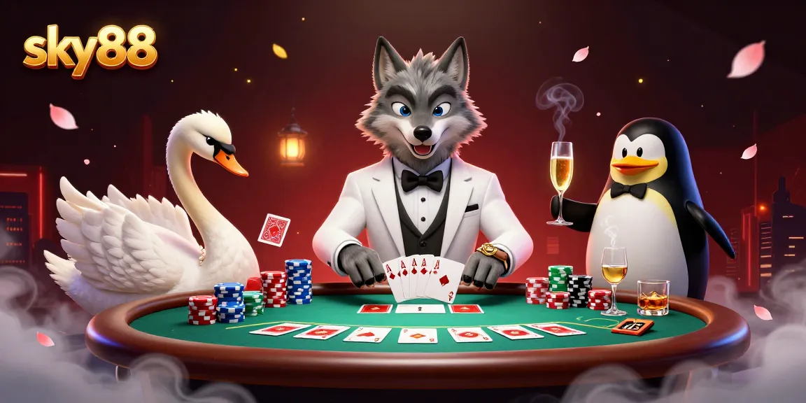 Engage in the excitement of sky88 casino with a debonair wolf, elegant swan, and sophisticated penguin at baccarat.