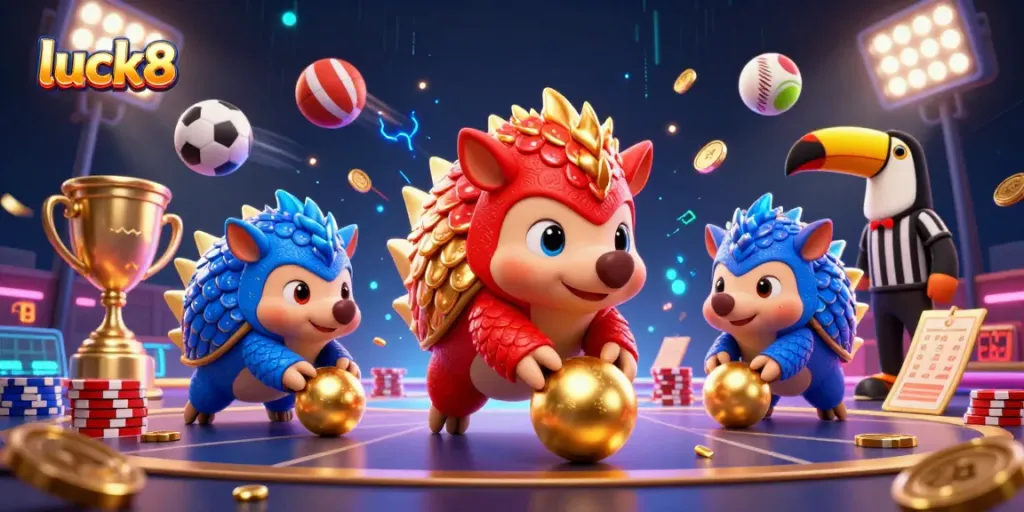 luck8 illustrates a vibrant and dynamic casino scene with cartoon pangolins bowling through poker chips.