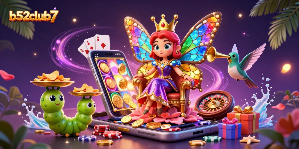 Play with b52club7 in a vibrant online casino scene featuring a magical butterfly queen and gaming elements.