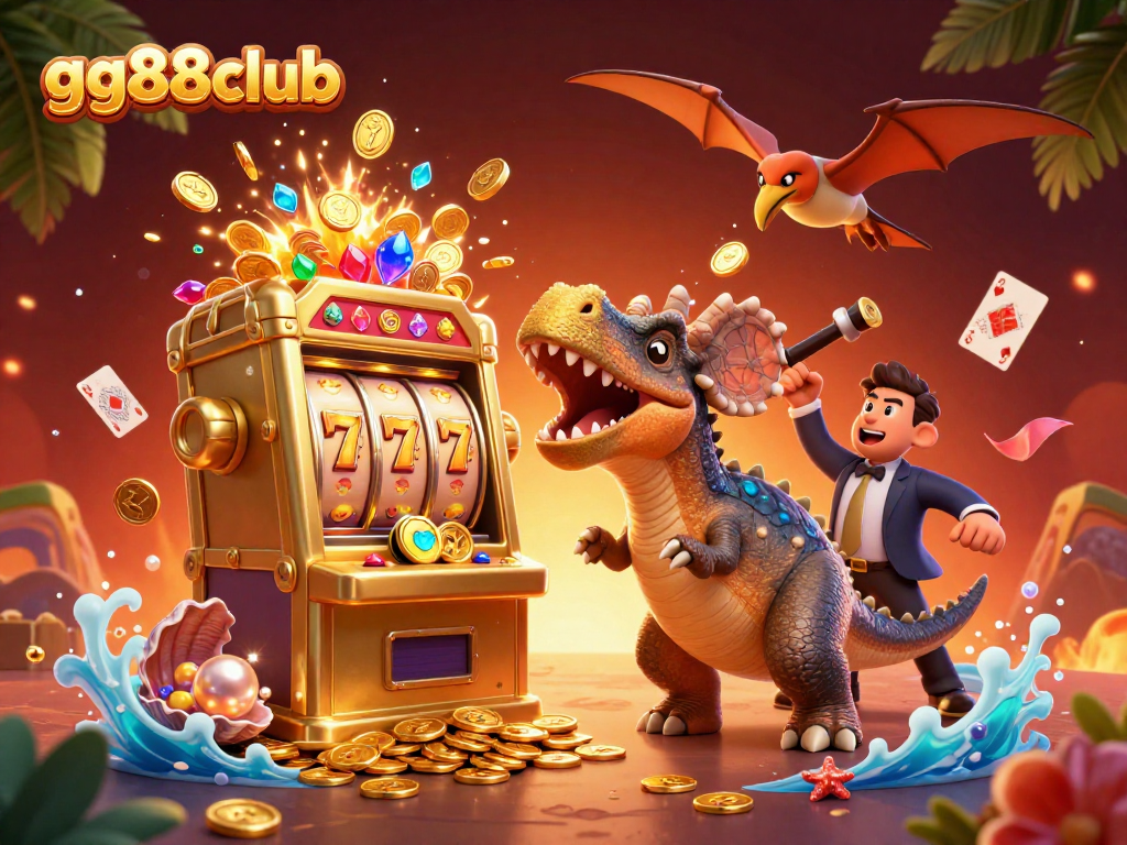 gg88club features a pachycephalosaurus winning jackpots at a casino, with gold coins and slot elements.
