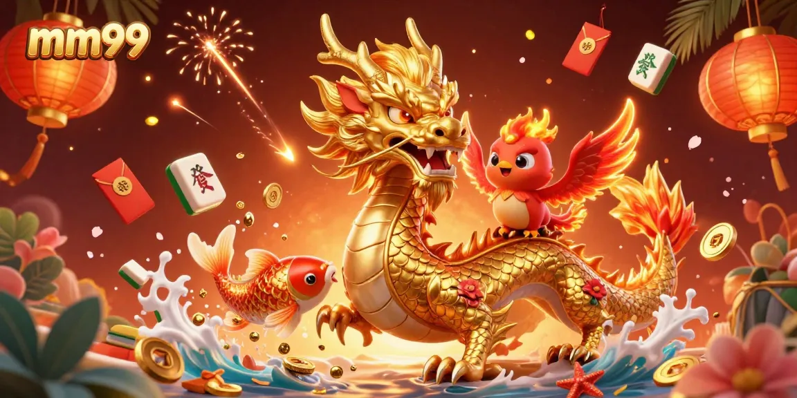 Engage in thrilling bets with mm99 in a vibrant casino scene featuring dancing dragons and koi fish.