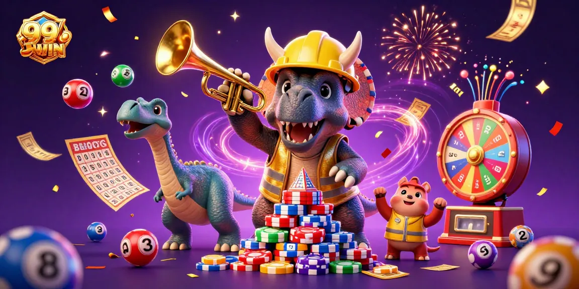 Engage in exciting gambling with 99WIN, as cartoon characters celebrate over poker chips and lottery balls.