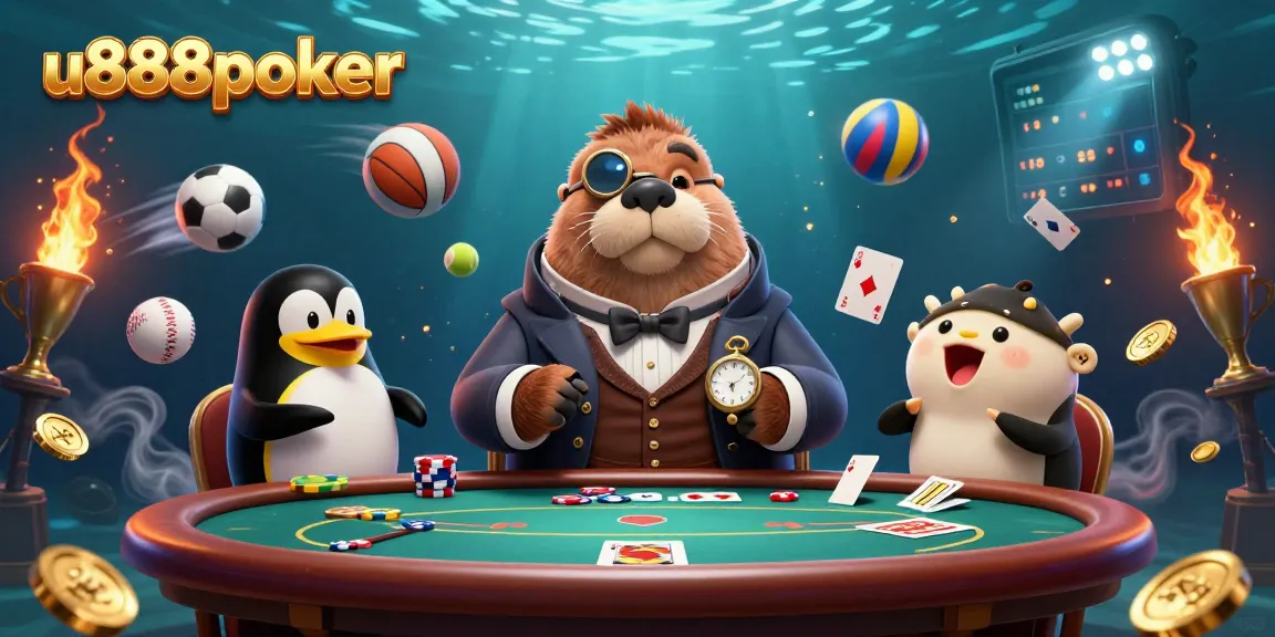Experience the excitement at u888poker with a whimsical underwater poker scene featuring diverse players.