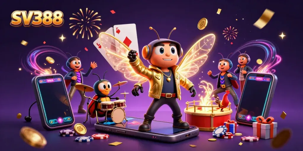 Watch as SV388's vibrant cockfighting scene bursts with energy, featuring detailed 3D cartoon characters amidst festive effects.