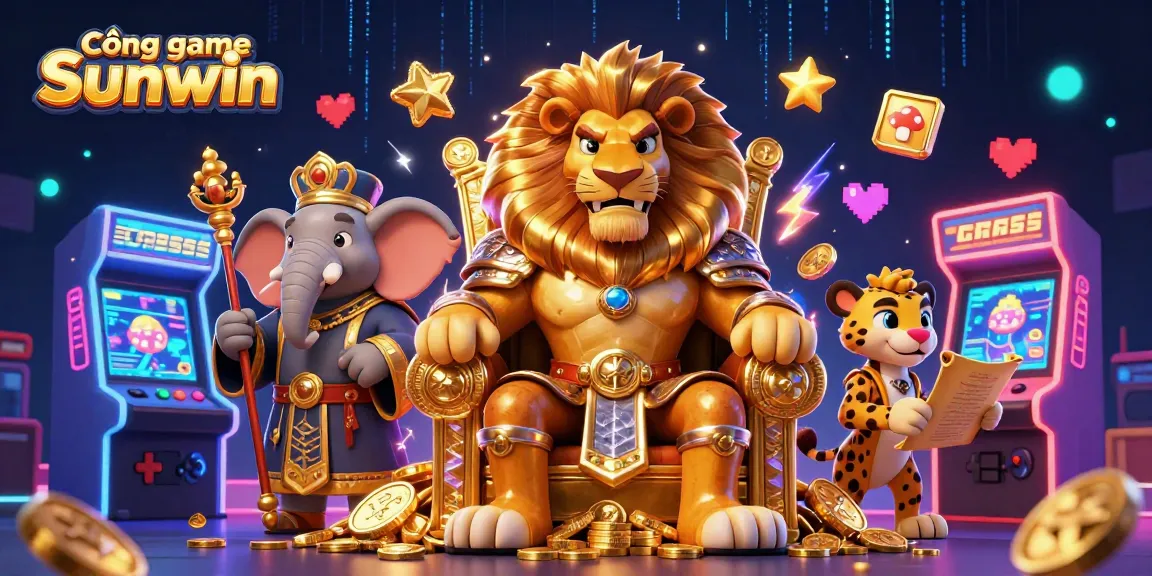 Cổng game Sunwin showcases a fierce lion king, wise elephant advisor, and swift cheetah in a vibrant casino scene.