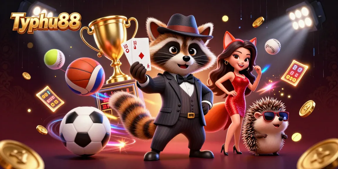 Experience thrilling betting action with Typhu88's vibrant casino scene featuring dynamic characters and sports elements.