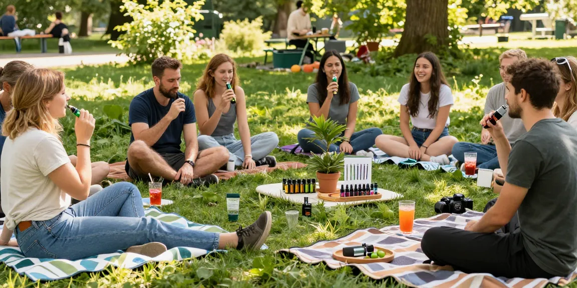 Discover strong THC vapes UK alongside friends in a sunny outdoor wellness gathering, showcasing natural products and hemp elements.