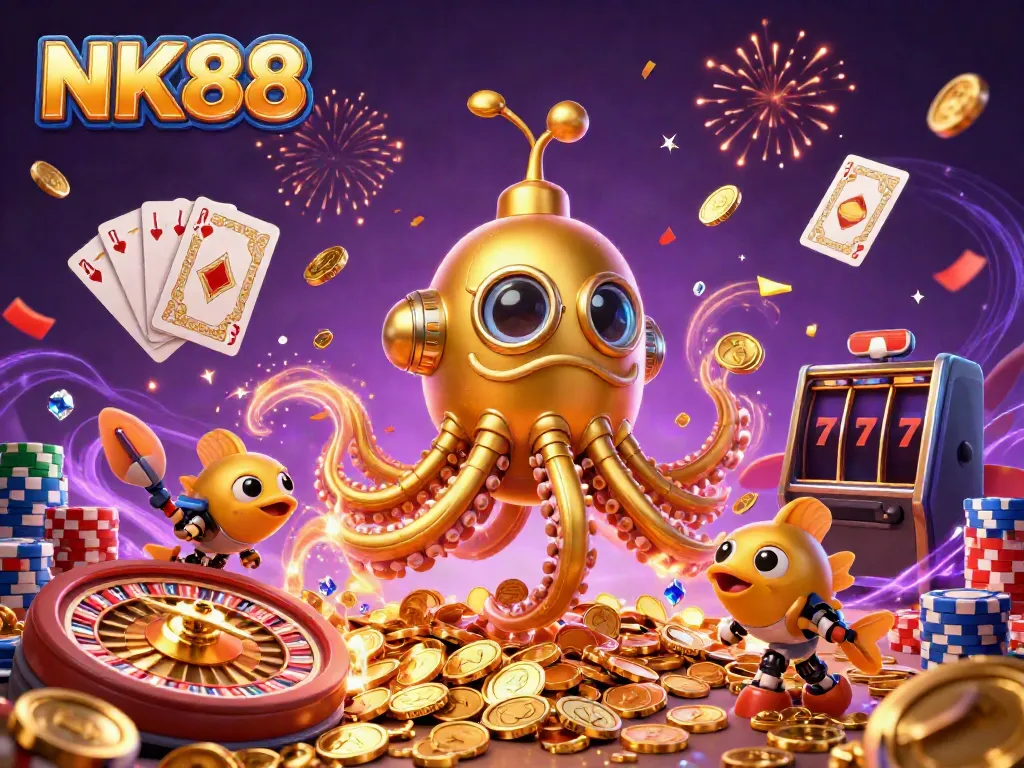 Experience a vibrant fusion of excitement with NK88 and gold coins in this immersive 3D casino illustration.