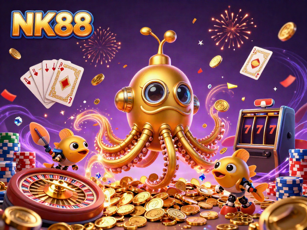 Experience a vibrant fusion of excitement with NK88 and gold coins in this immersive 3D casino illustration.