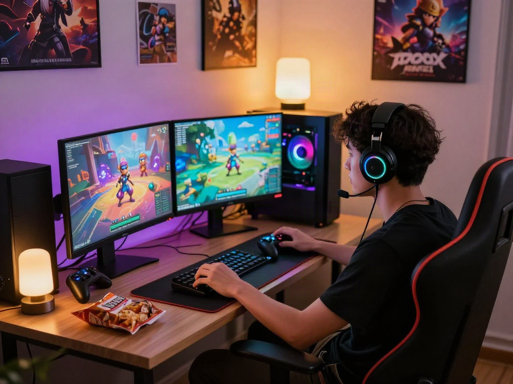 Immersive adult game setup with a gamer focused on gameplay, vibrant RGB lighting and dual monitors.