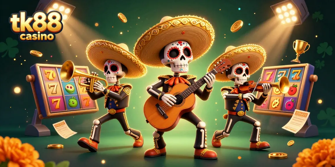 tk88 casino vibrant scene showcasing animated skeleton mariachi band playing amidst colorful slot elements and jackpots
