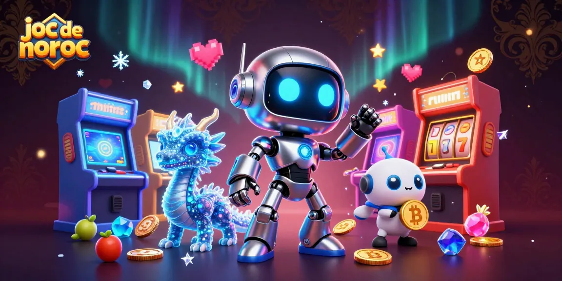 Joacă jocuri de noroc cu un robot futurist și un dragon holografic, în atmosferă vibrantă.