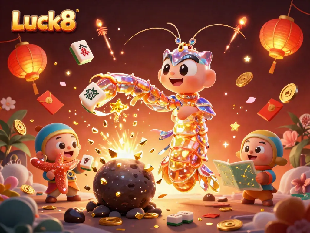 Luck8 promotional image of a galactic samurai mantis shrimp surrounded by gaming treasures and festive elements.