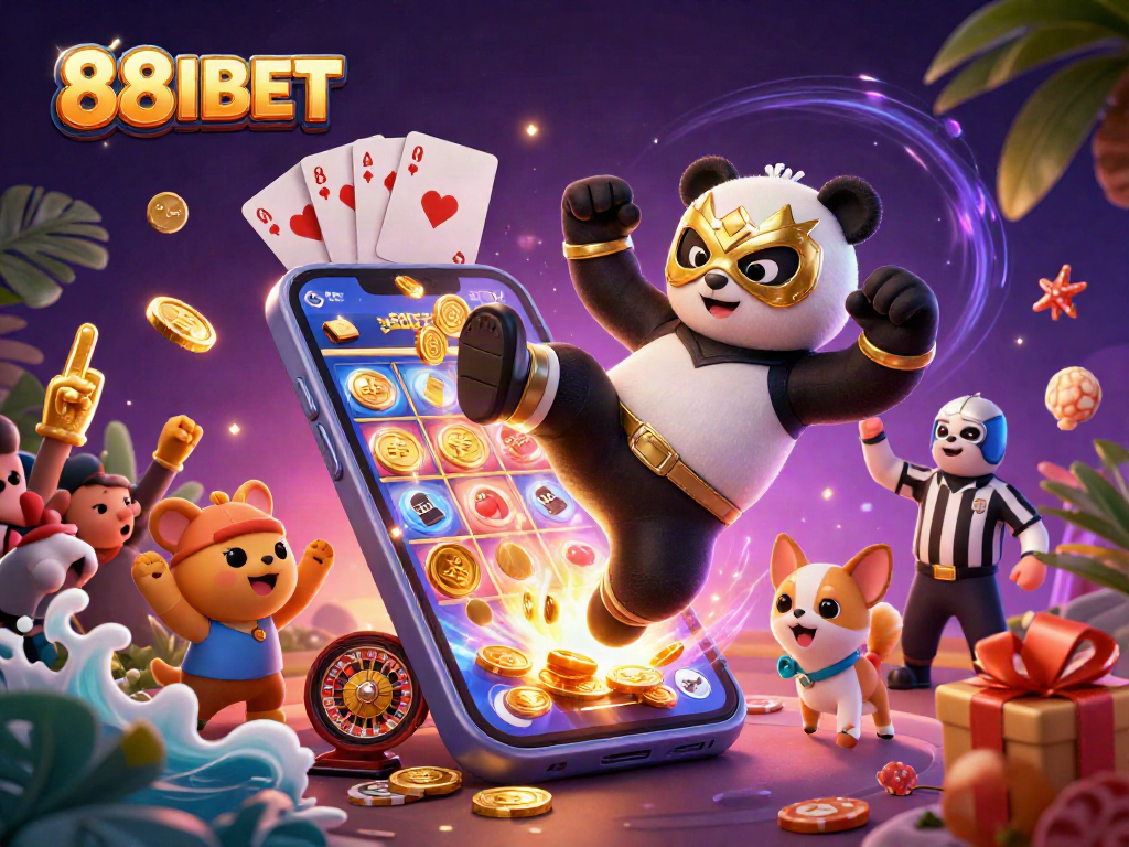 Bet and win with 88IBET featuring a panda wrestler and exciting casino elements.